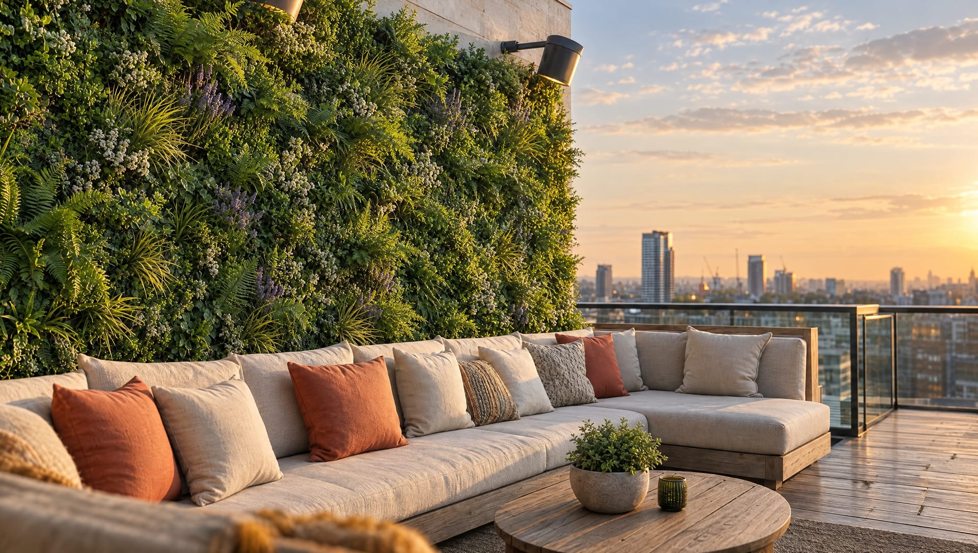 Meadow green wall on a rooftop terrace at golden hour