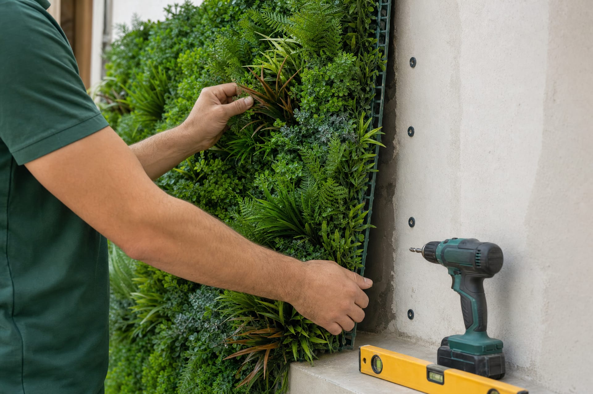 Installer fitting a green wall panel