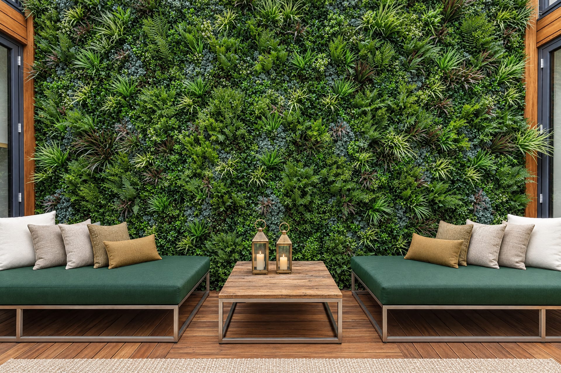 Hotel courtyard lounge with forest-green daybeds and brass lanterns in front of a full green wall