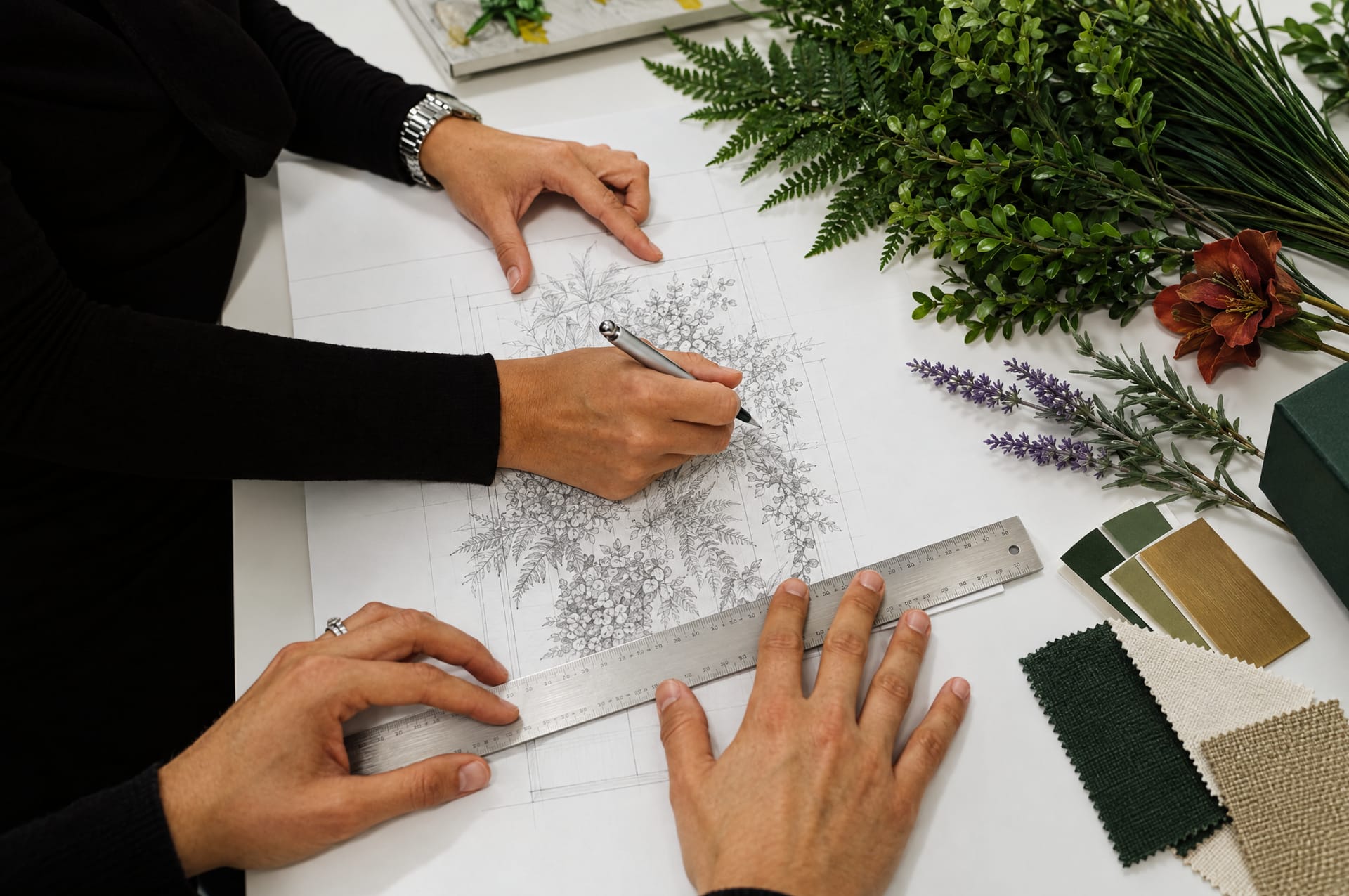 Overhead view of two designers drawing a green wall plan beside foliage stems and fabric swatches