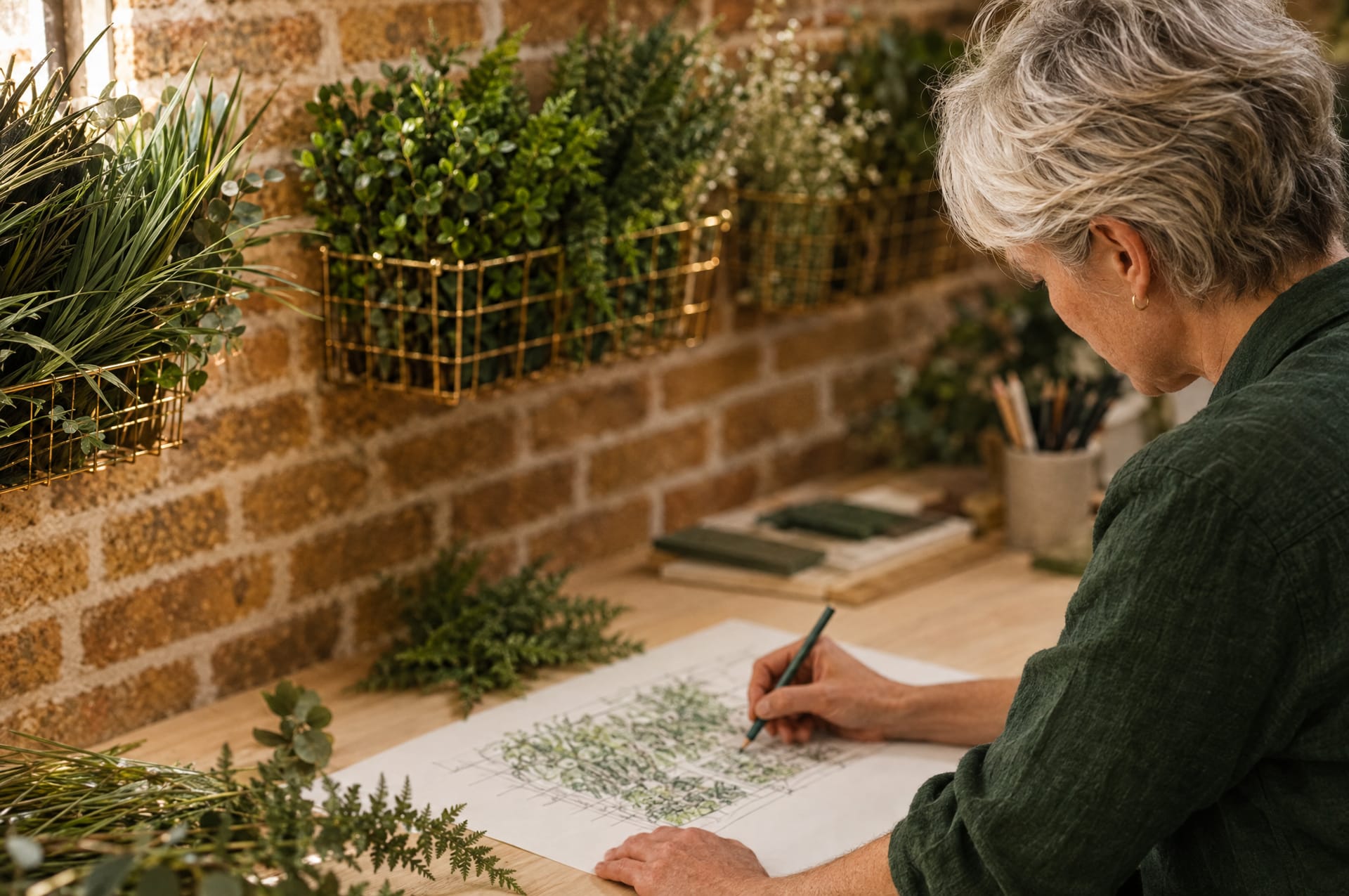A designer sketching a green wall elevation at a studio desk beside baskets of foliage samples