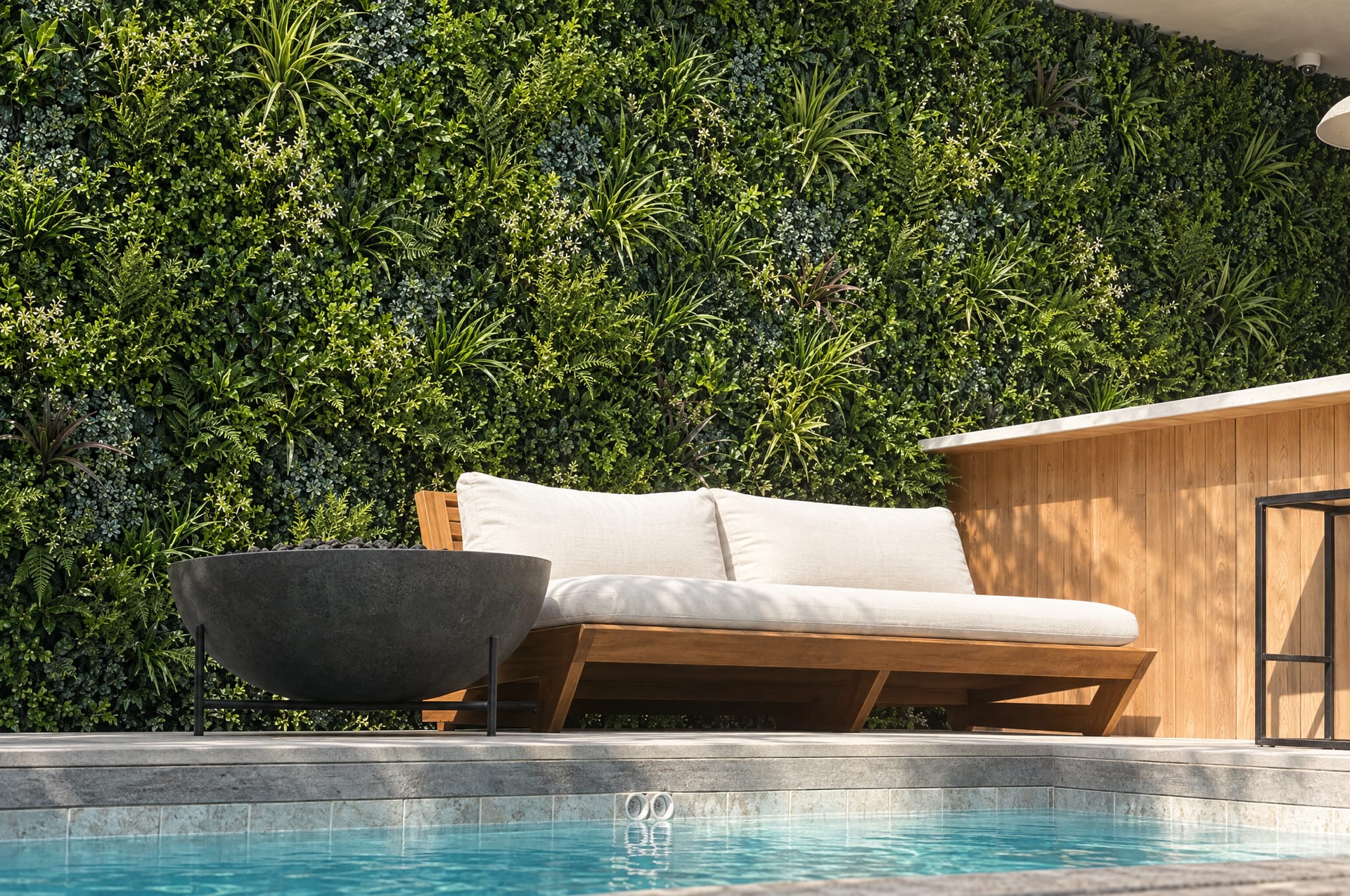 Hotel plunge-pool terrace with a lush green wall behind a cream daybed