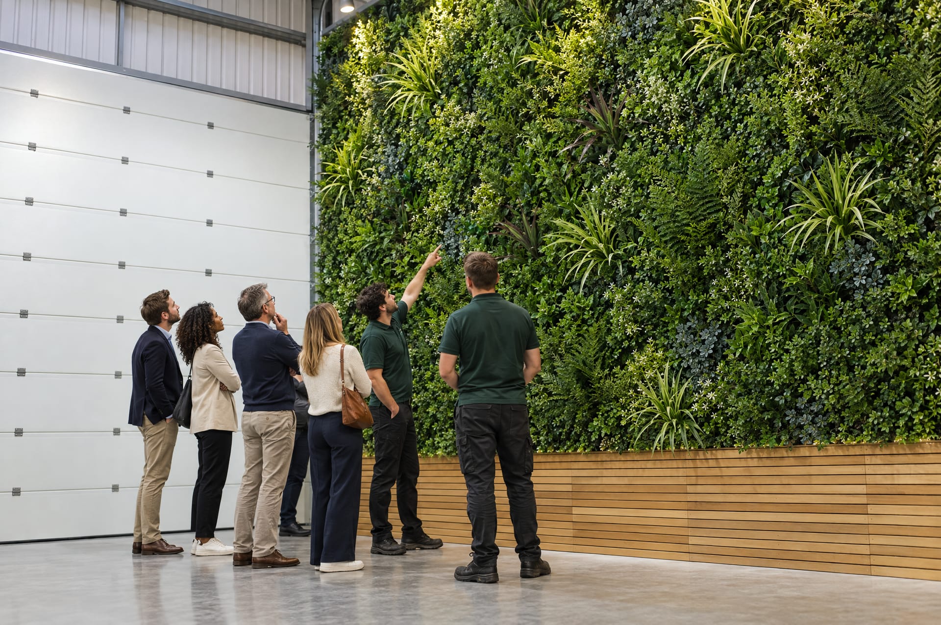 Two installers in green polo shirts walking clients through a newly installed double-height green wall