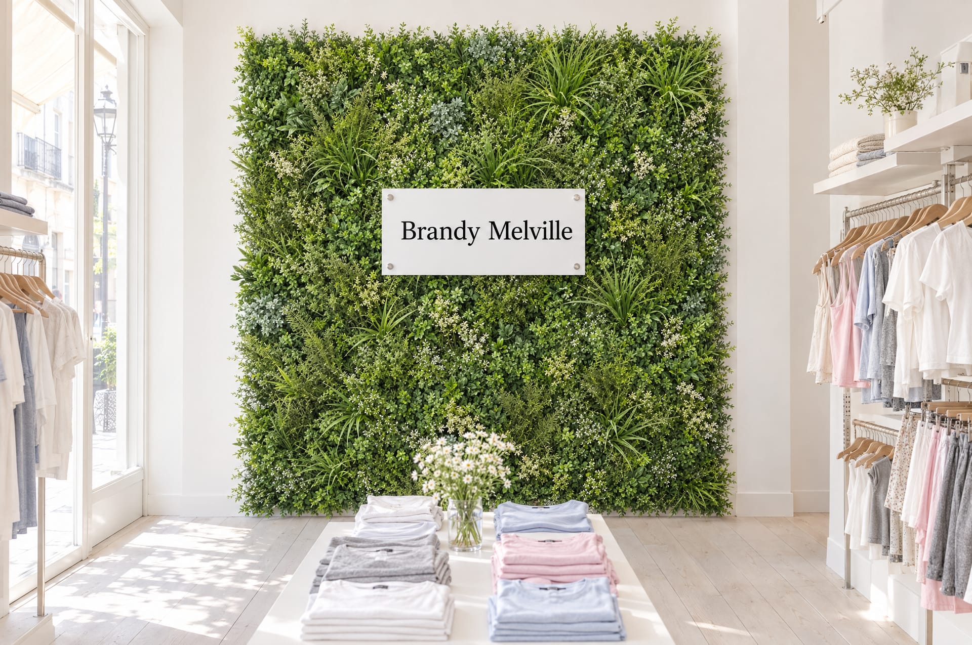 Concept: a Brandy Melville boutique with a white acrylic sign plaque on a light green wall