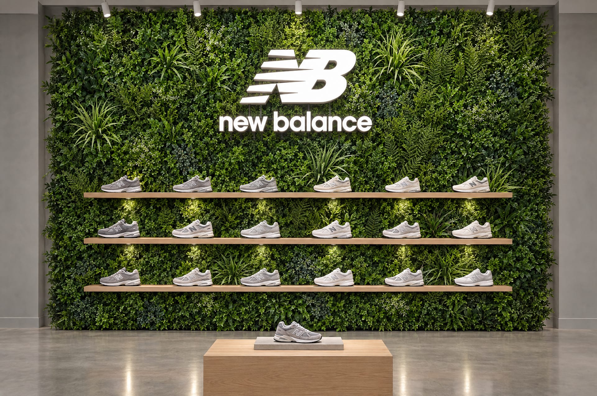 Concept: a New Balance store with an illuminated NB logo and shoe shelves on a green wall