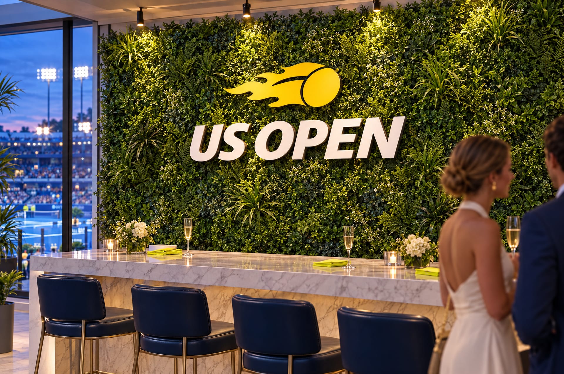 Concept: a US Open hospitality lounge with dimensional US Open signage on a green wall behind a marble bar
