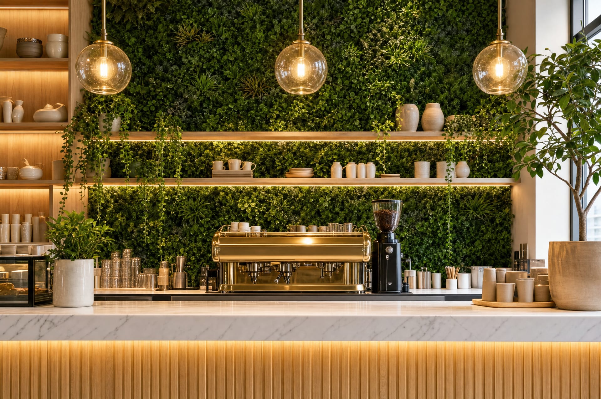 Café counter with a green wall behind the espresso machine