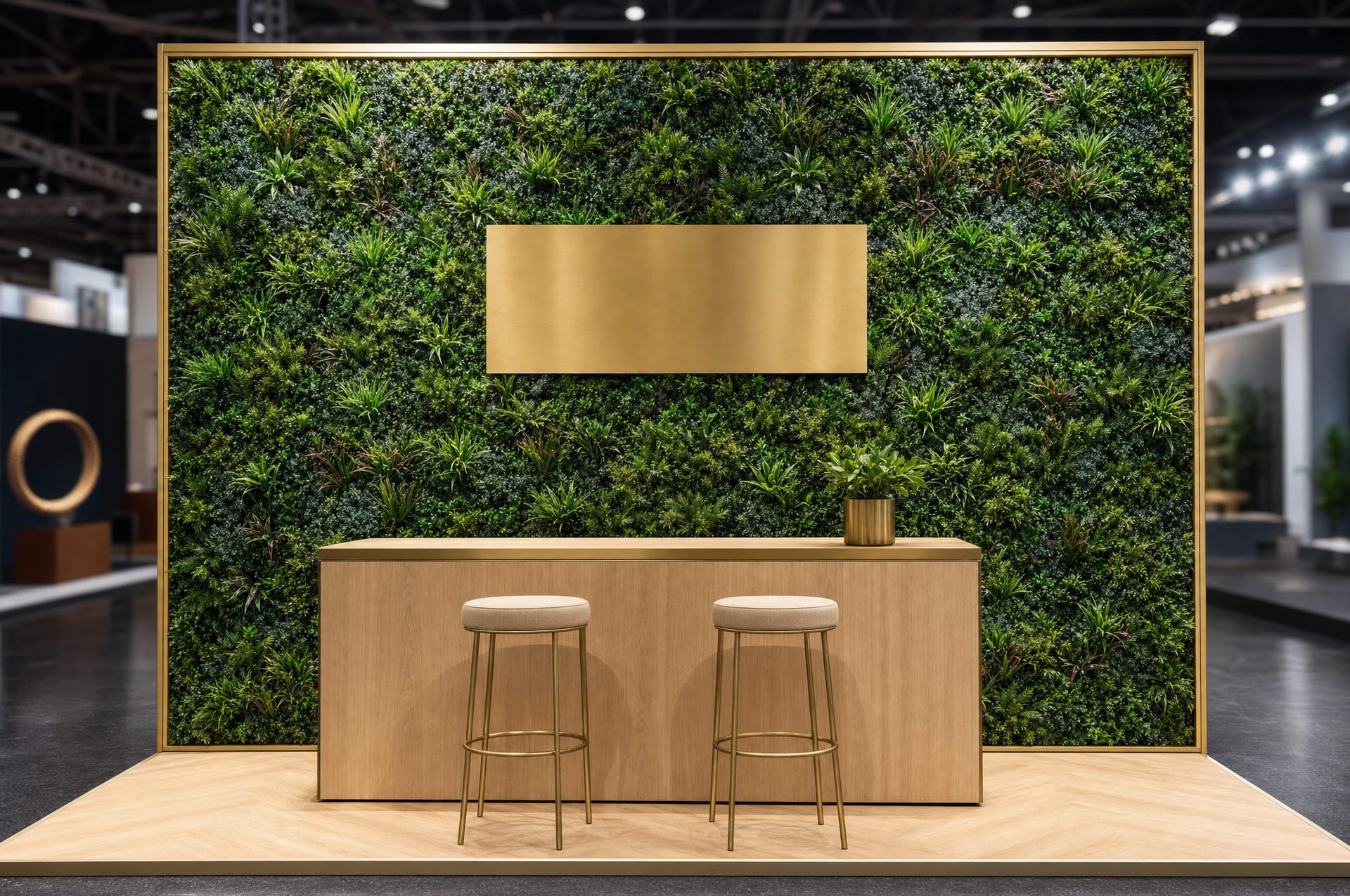 Exhibition stand with a framed green wall backdrop