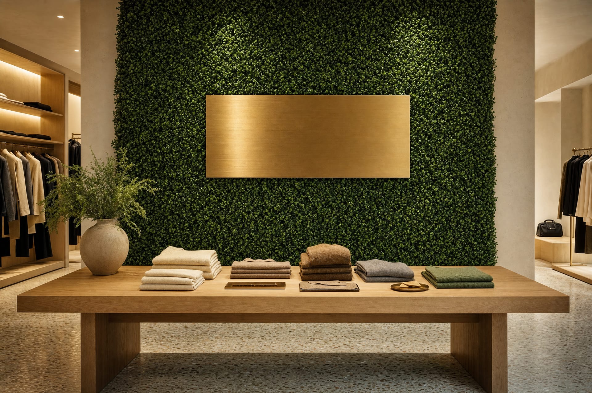 Luxury boutique with a clipped boxwood wall and a brass signage panel behind a display table
