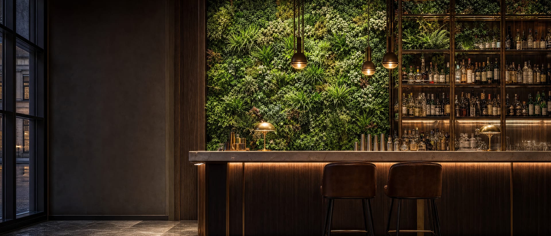Hotel lobby bar at dusk with a full-height green wall behind brass bottle shelves