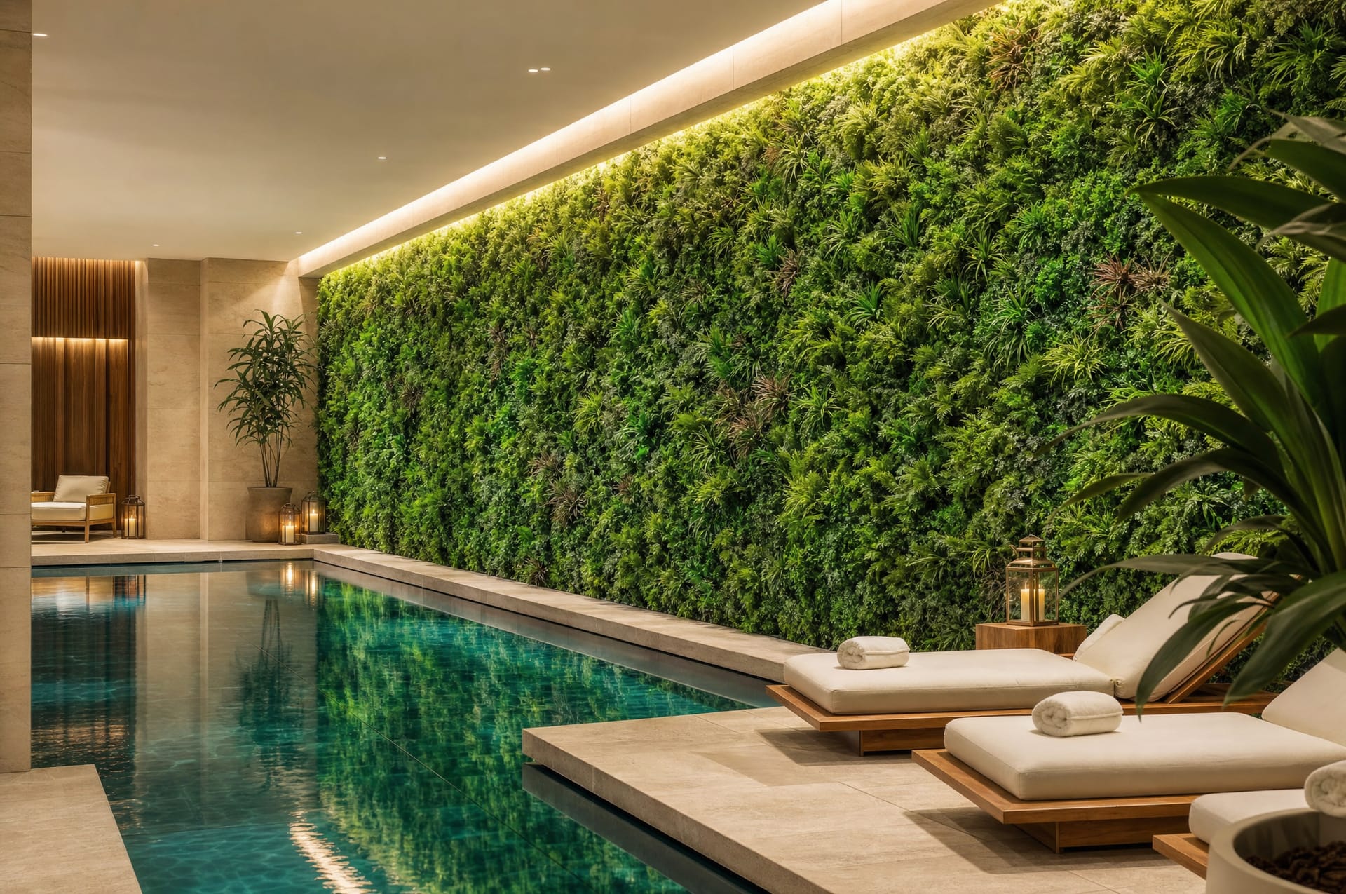 Hotel spa pool beside a fern green wall