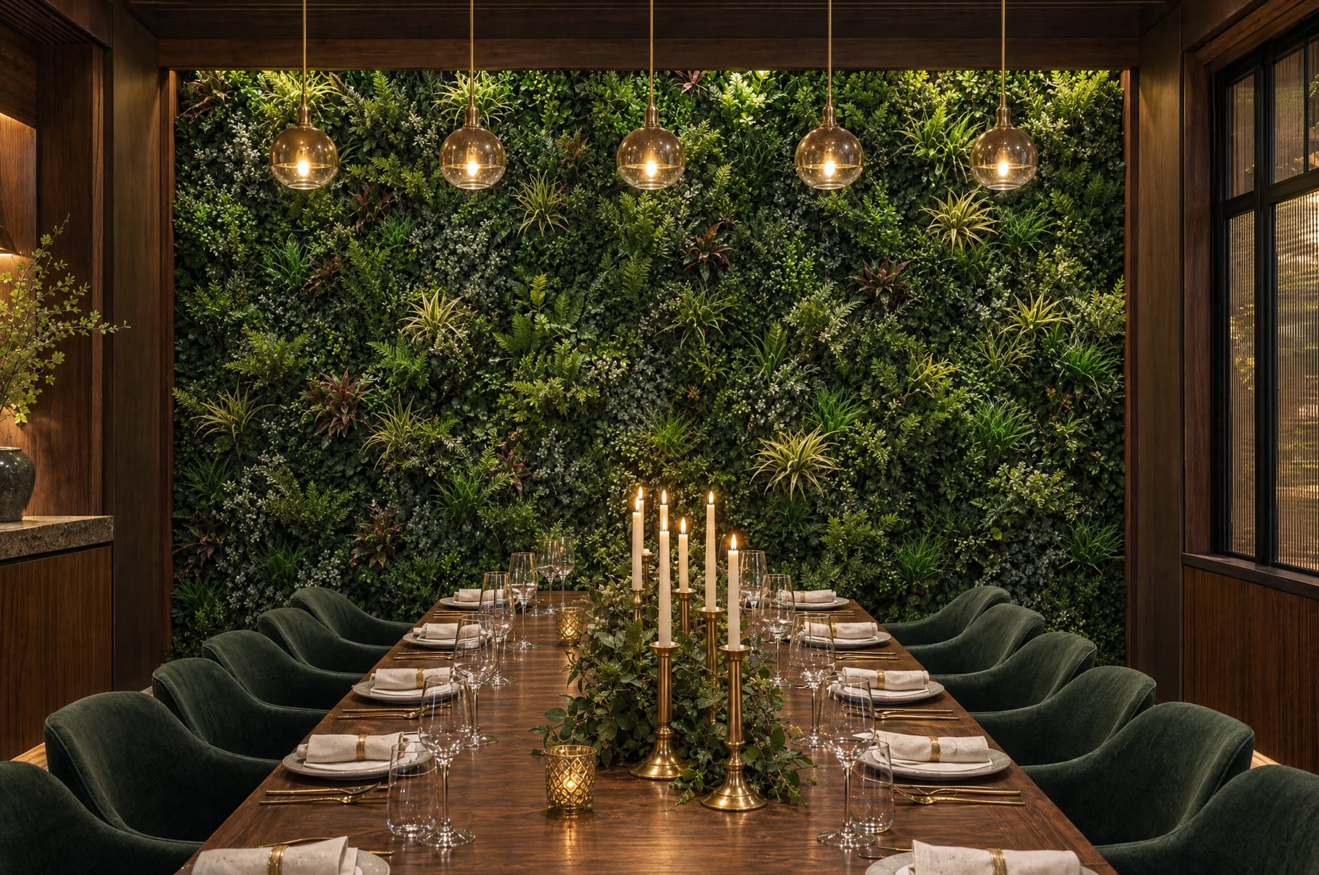 Private dining room with a green wall at the end of a long walnut table under brass pendants