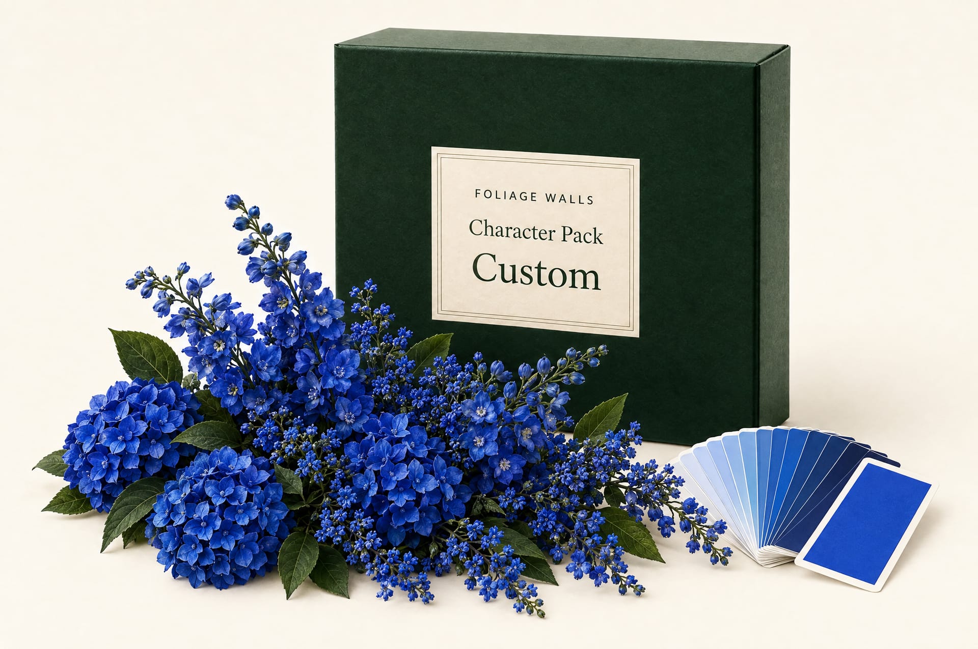 Custom Character Pack box with cobalt blue stems and matching swatch cards