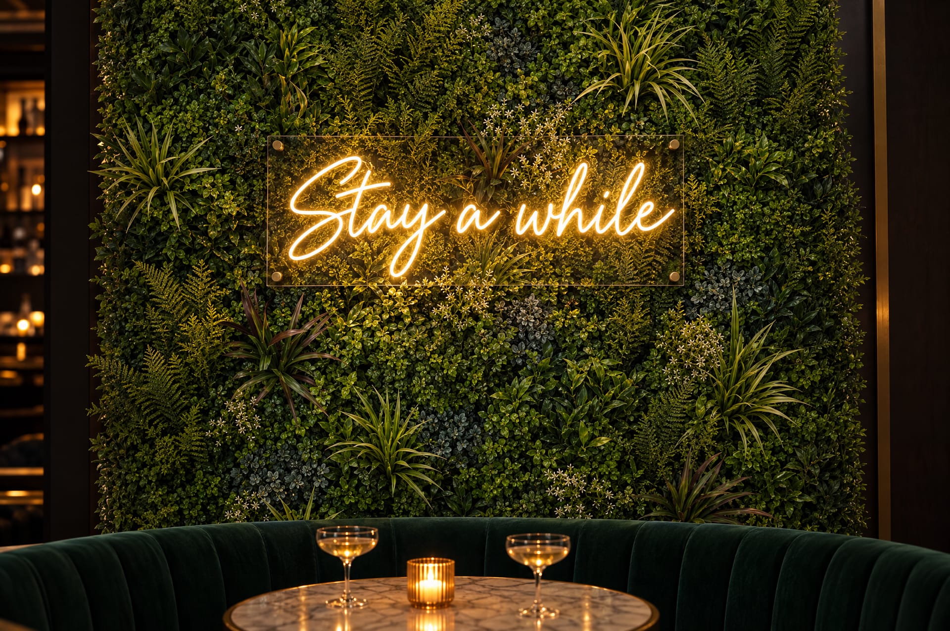 Warm white LED neon reading Stay a while on a green wall above a velvet banquette