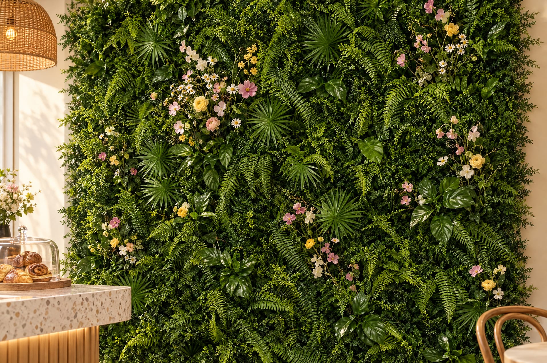 Fern green wall with pink, yellow and white garden flowers behind a terrazzo café counter