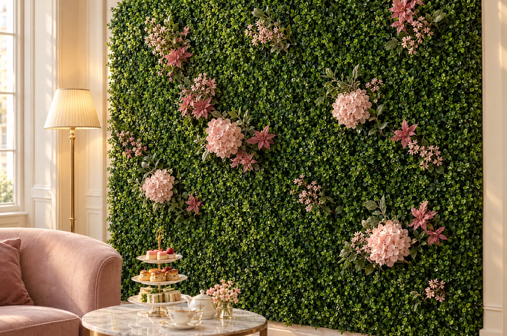 Clipped boxwood wall with pink blossom and hydrangea heads beside a tea table and pink armchair