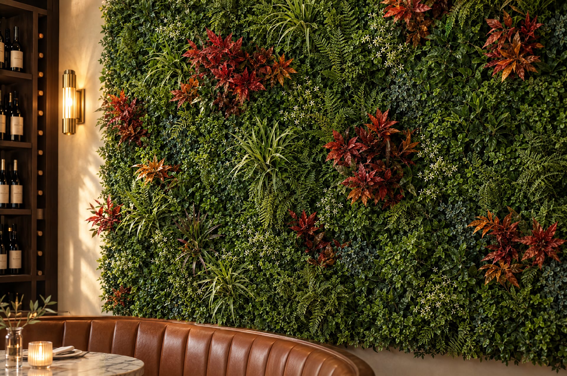Ember Character Pack stems in red and copper added to a Wildwood green wall in a restaurant