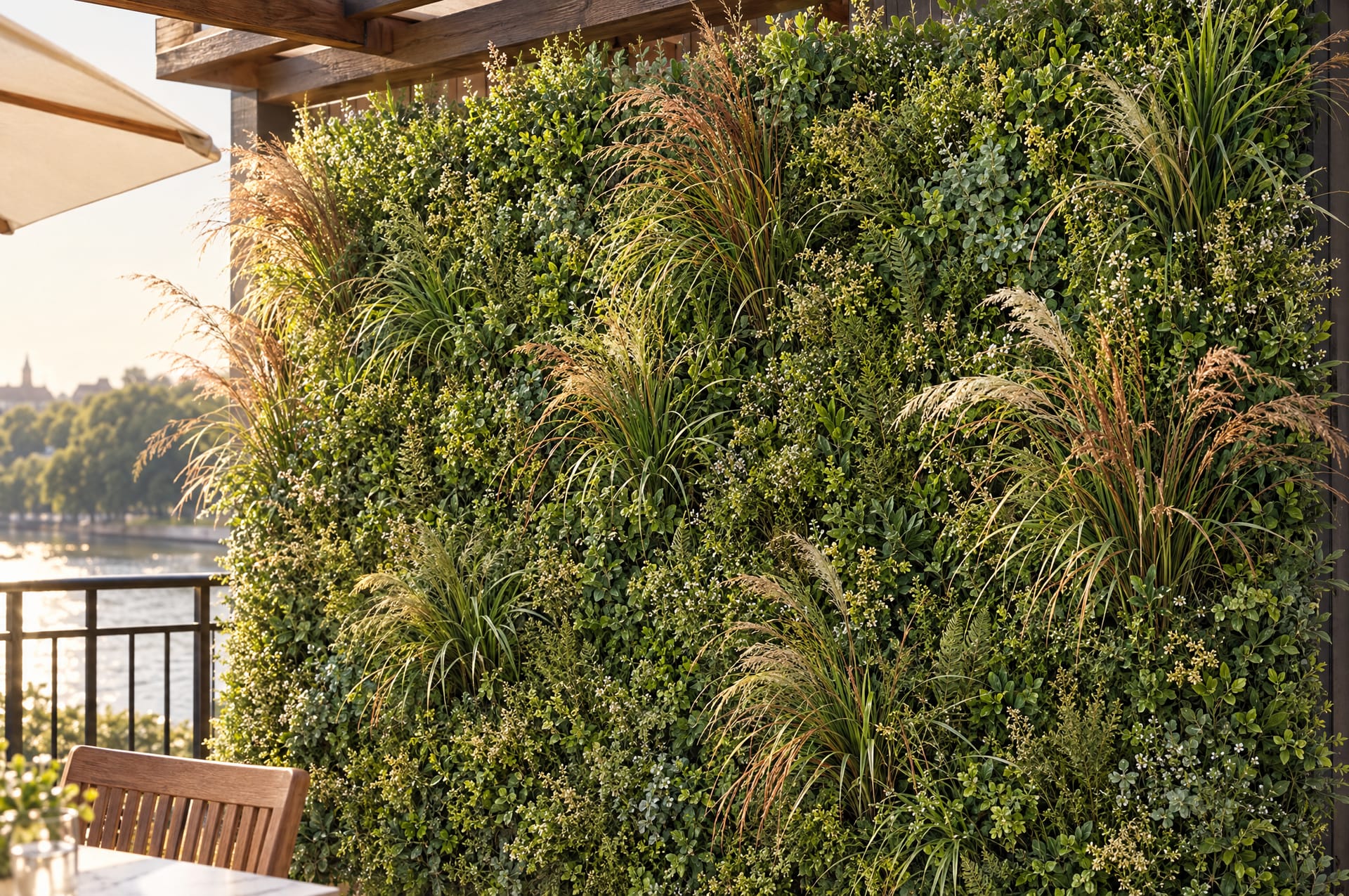 Green wall with tall copper ornamental grasses on a riverside terrace at golden hour