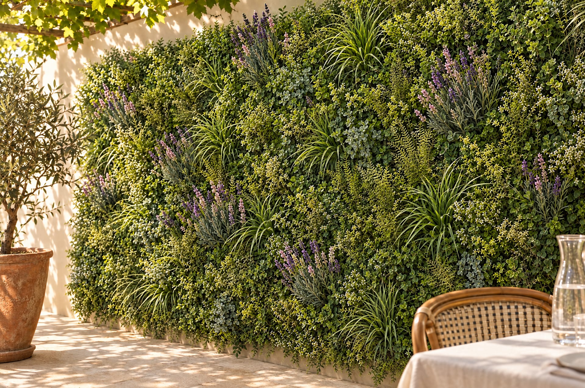 Light airy green wall with drifts of purple lavender in a sunny restaurant courtyard