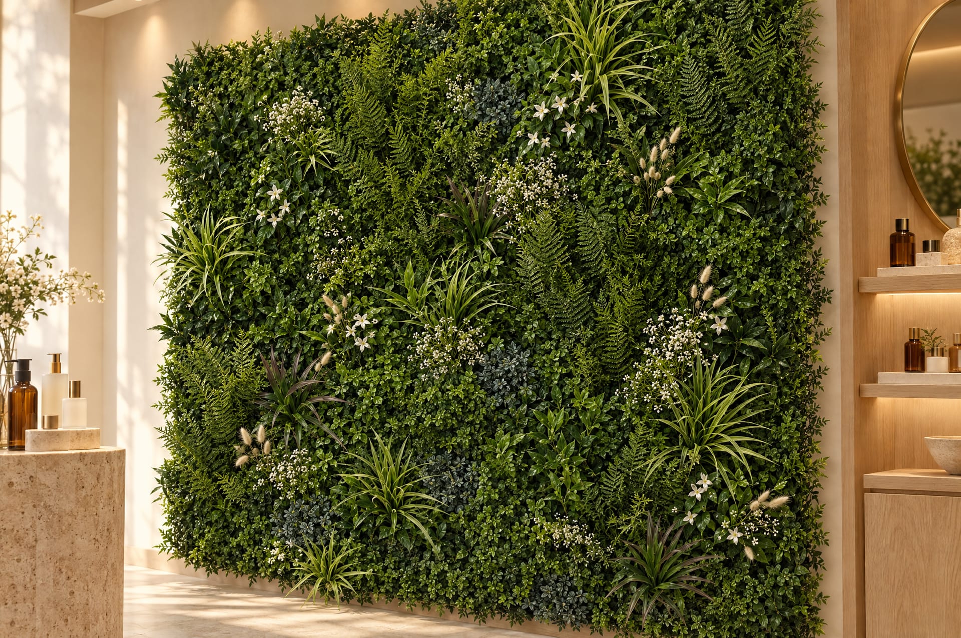 Green wall with delicate white flowers beside travertine counters and skincare shelves