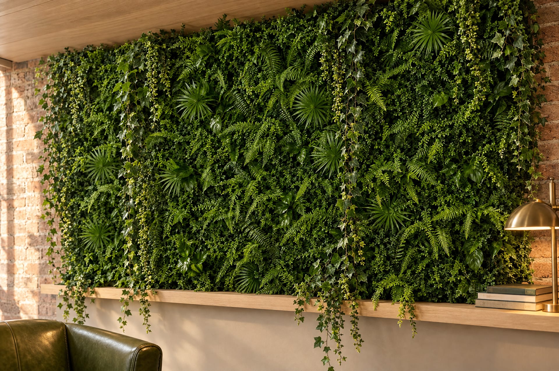 Fern green wall with trailing ivy stems above an oak bench in a brick-walled lounge