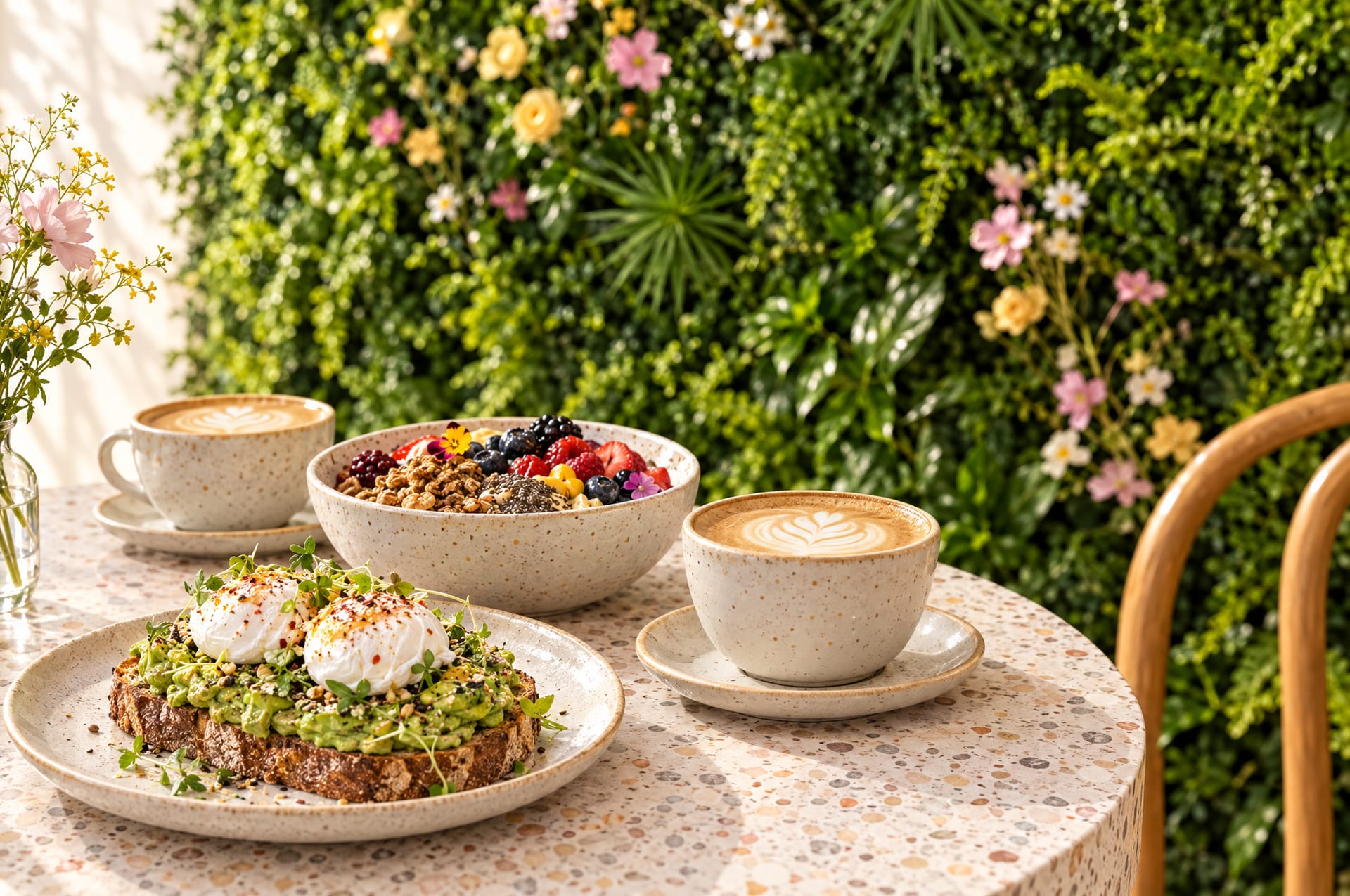 Brunch plates and coffee on a terrazzo table in front of the flower-accented fern wall