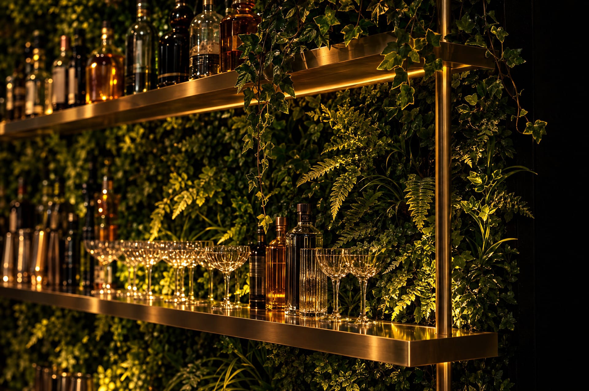 Brass shelves with bottles passing through the under-lit fern wall