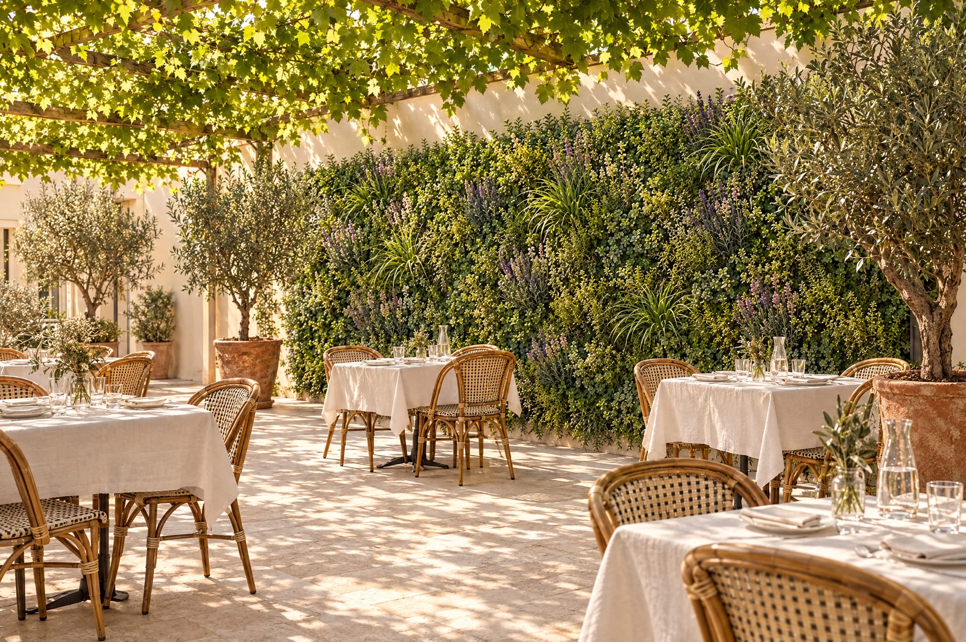 The courtyard with tables, olive trees and the lavender green wall under a vine pergola