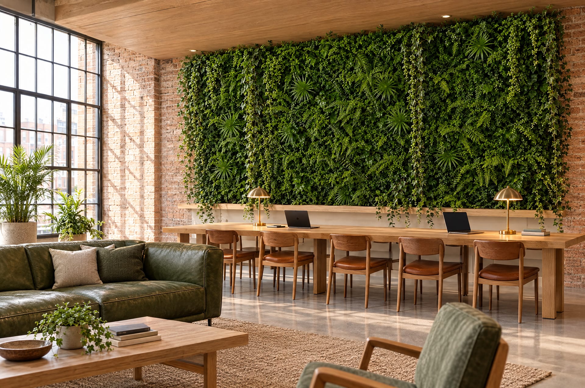 The co-working lounge with communal table, sofa and the trailing fern wall