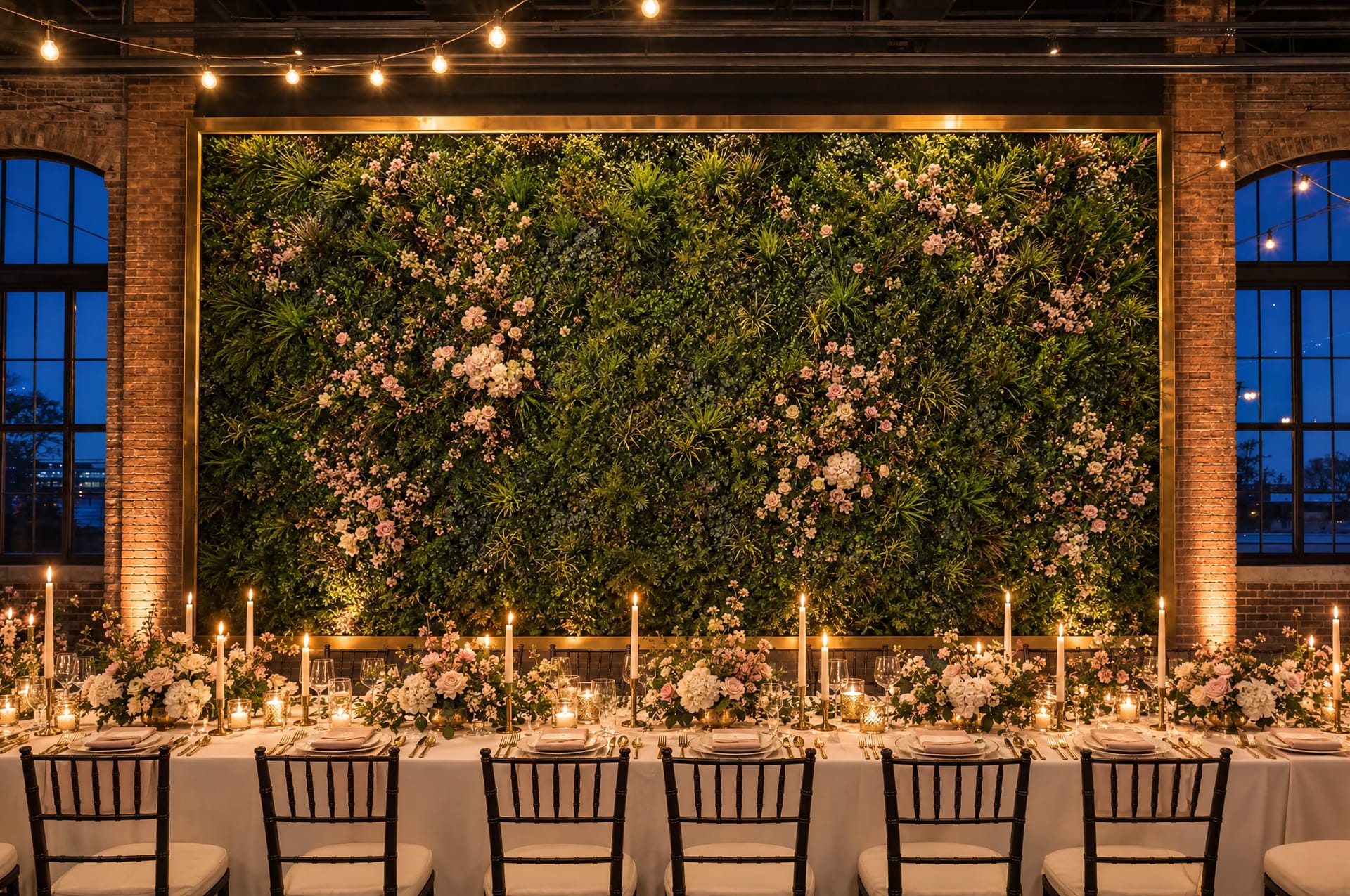 The same green wall backdrop dressed with pink blossom for a candlelit wedding dinner