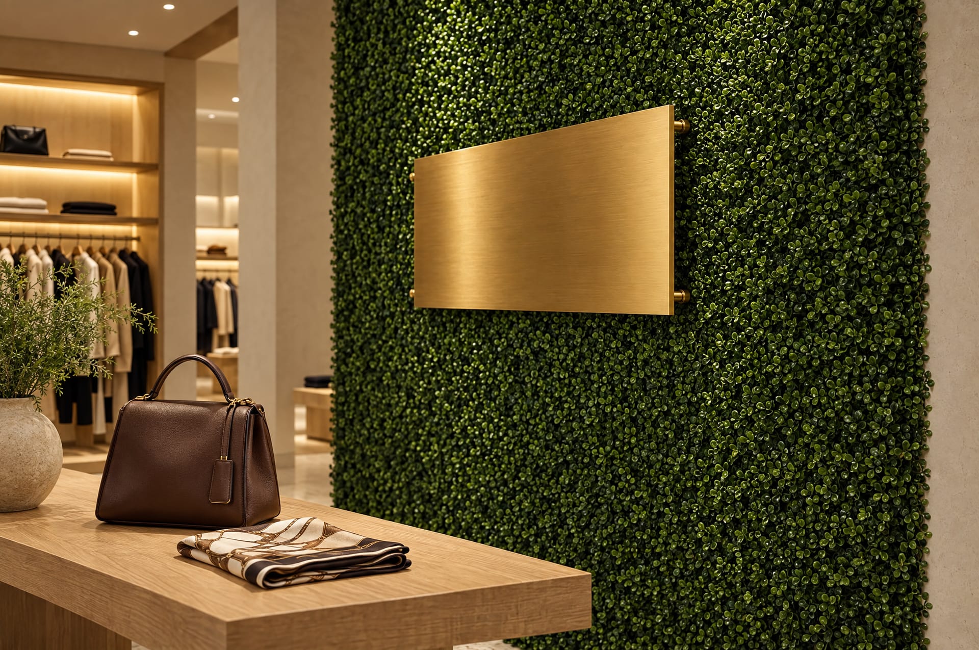 Side view of the brass signage panel held off the boxwood wall on stand-off fixings
