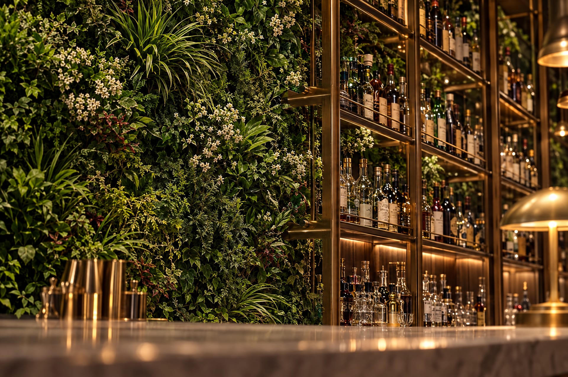 Brass shelf brackets passing through the green wall, with white flowers along the shelf line