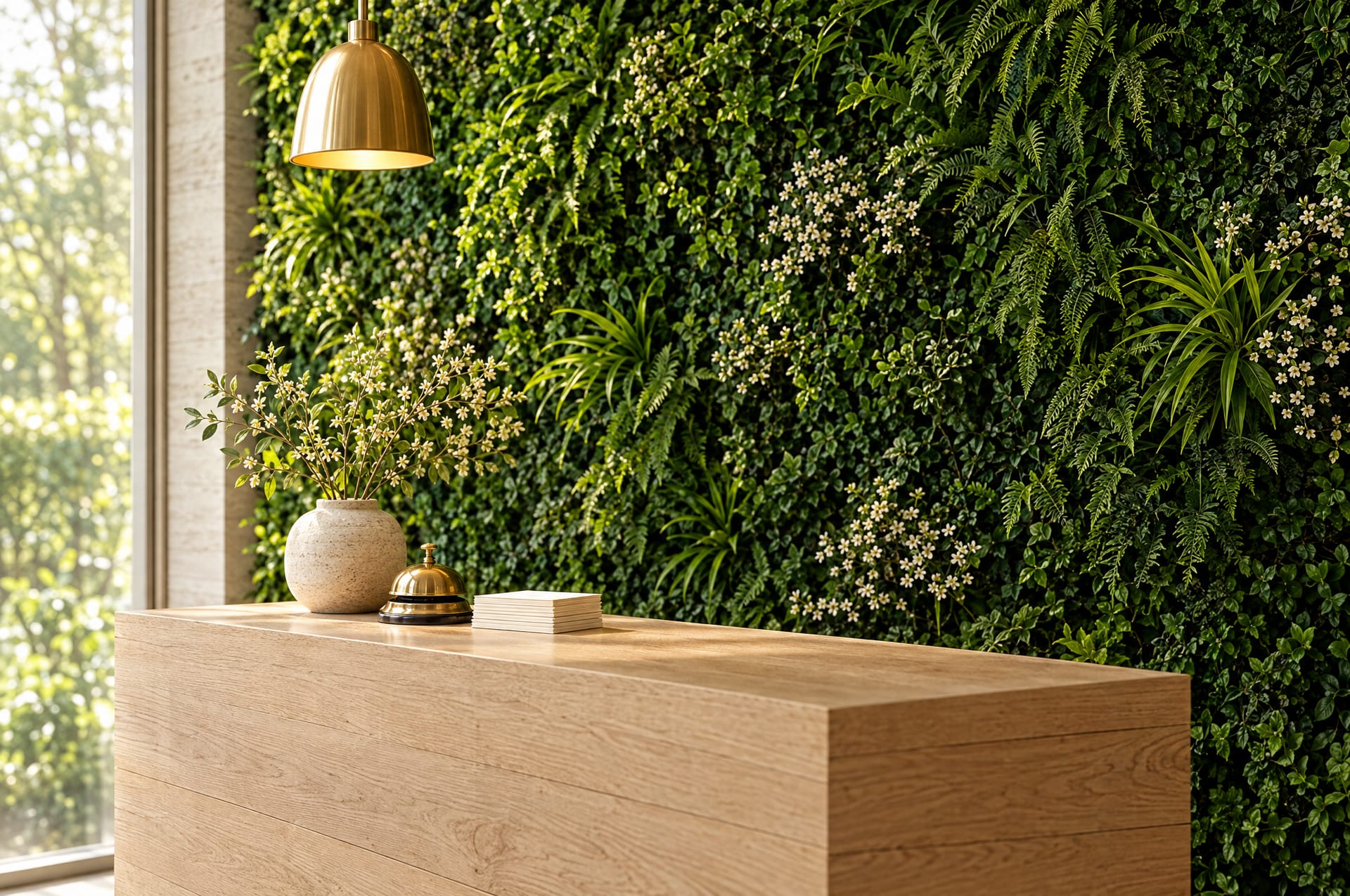 End of the oak reception desk with a brass bell, lit by a pendant in front of the green wall