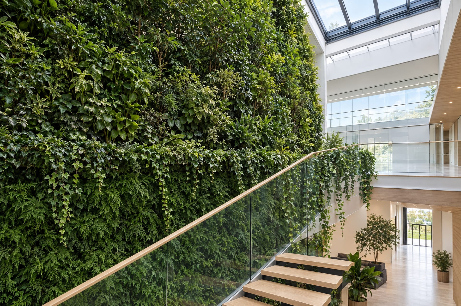 View along the atrium green wall from the staircase, with trailing stems over the balustrade
