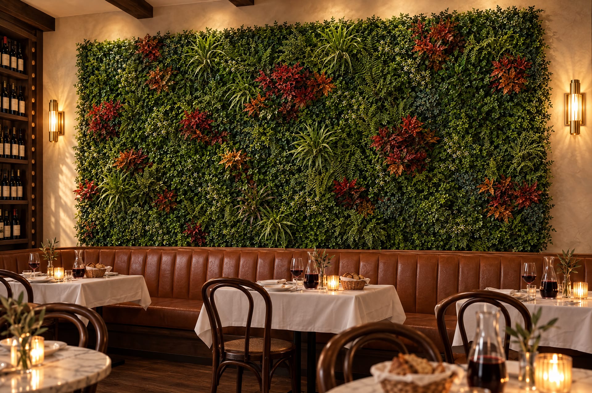 The restaurant dining room with the Ember green wall above the banquette and tables set for dinner