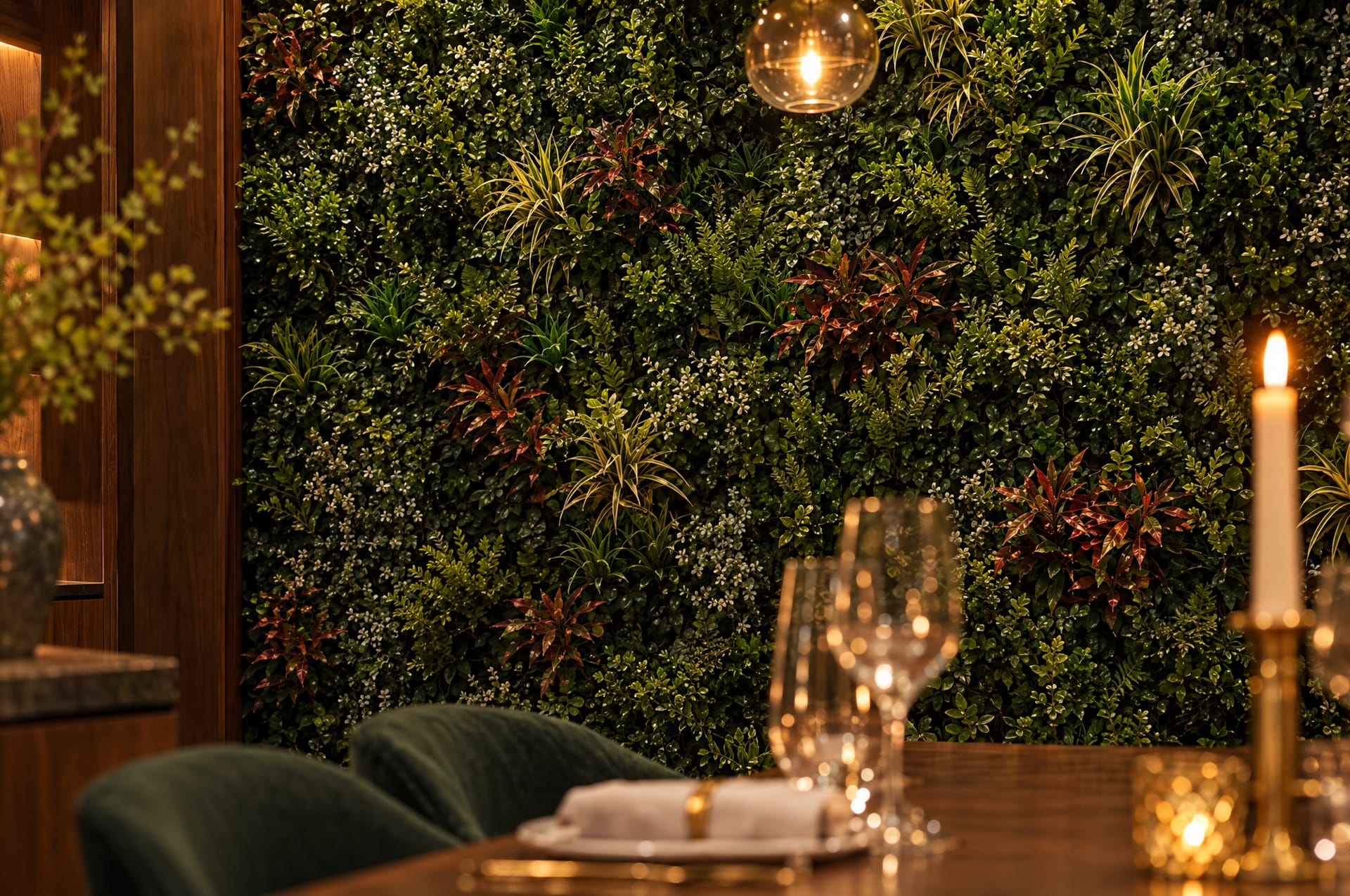 Candlelit table setting in front of the green wall with red and copper Ember stems
