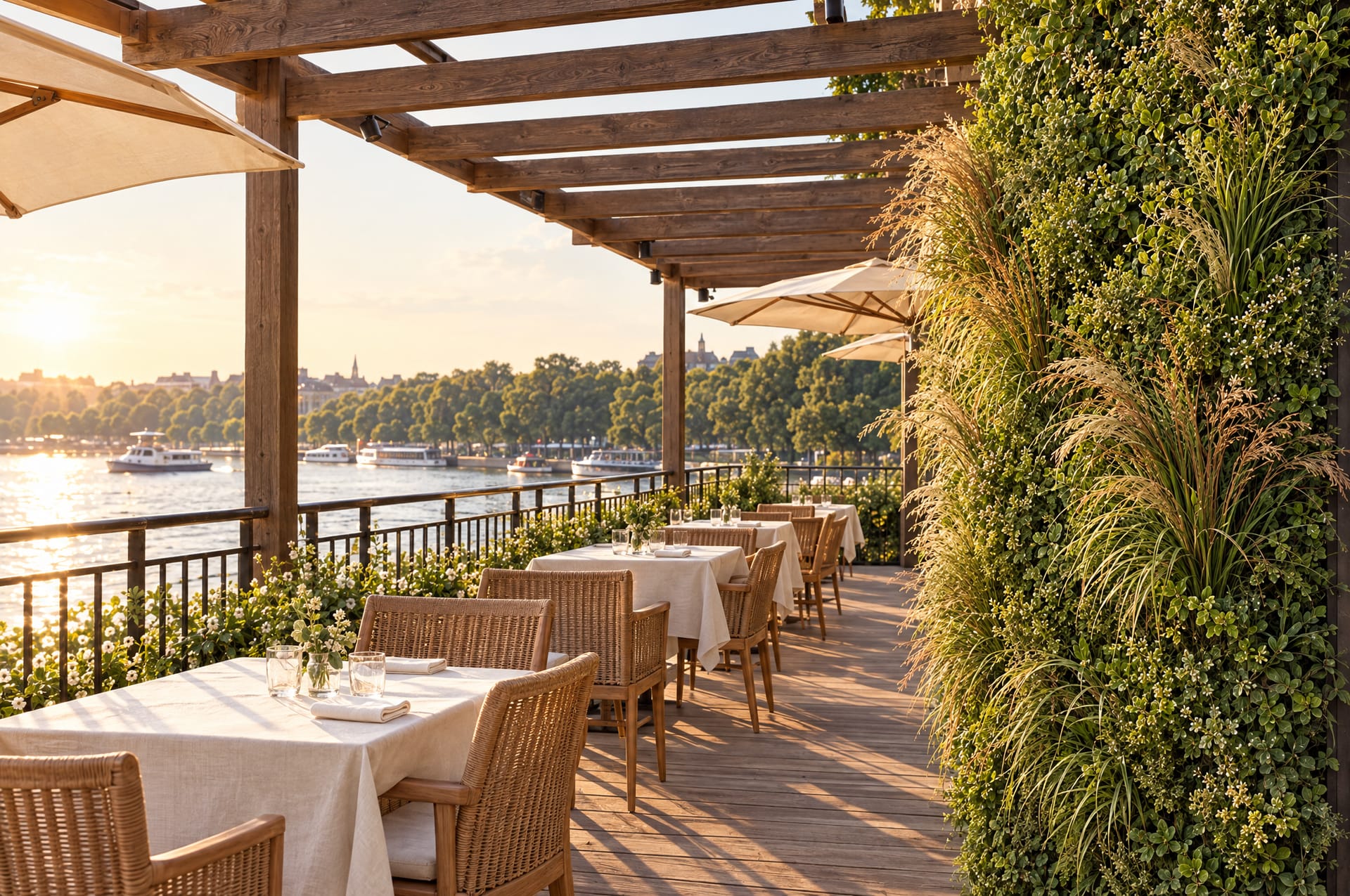 The riverside terrace with tables under a timber pergola beside the grasses wall