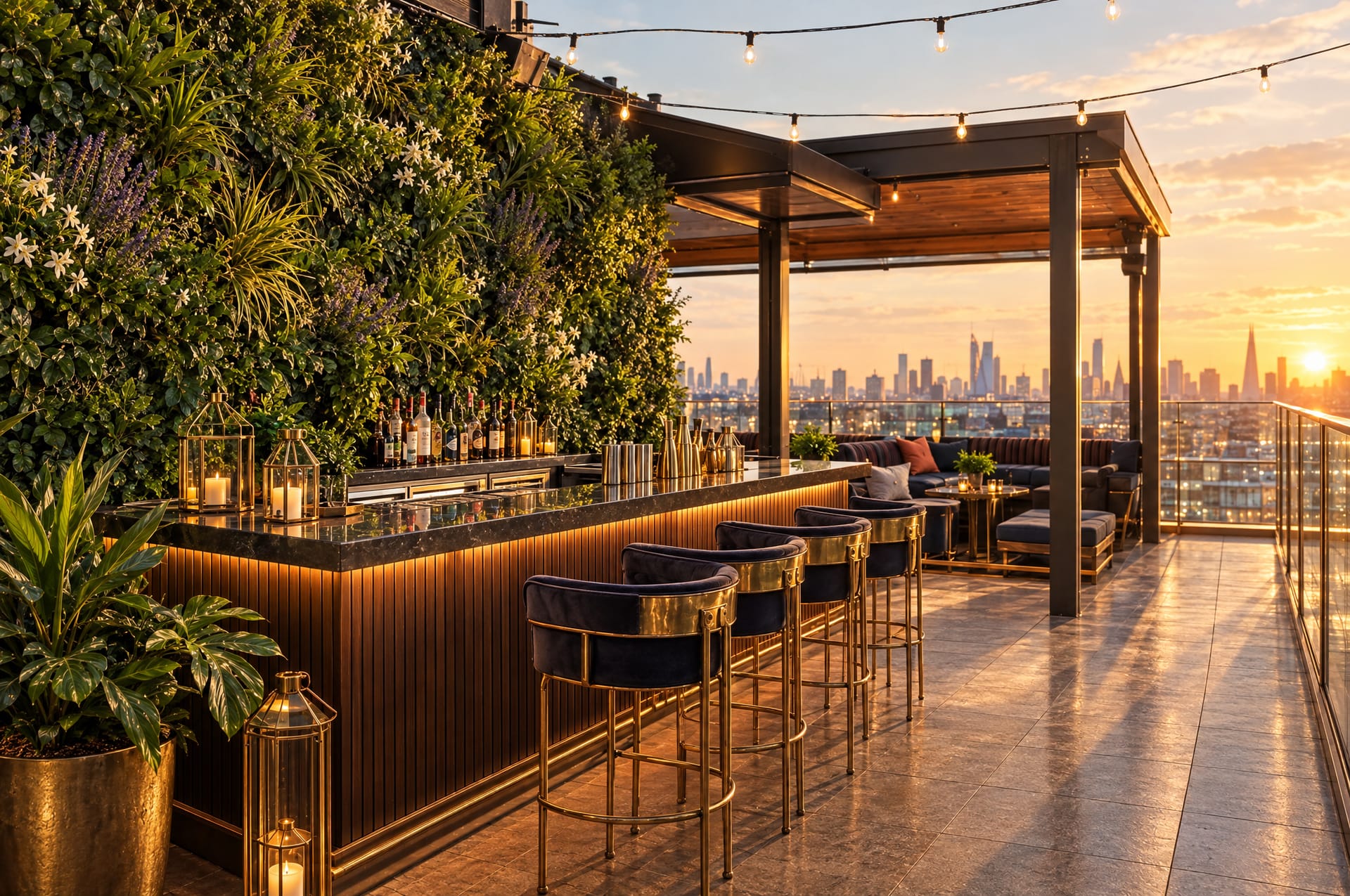 The same rooftop green wall at golden hour with white flowers and lavender along the sofa line