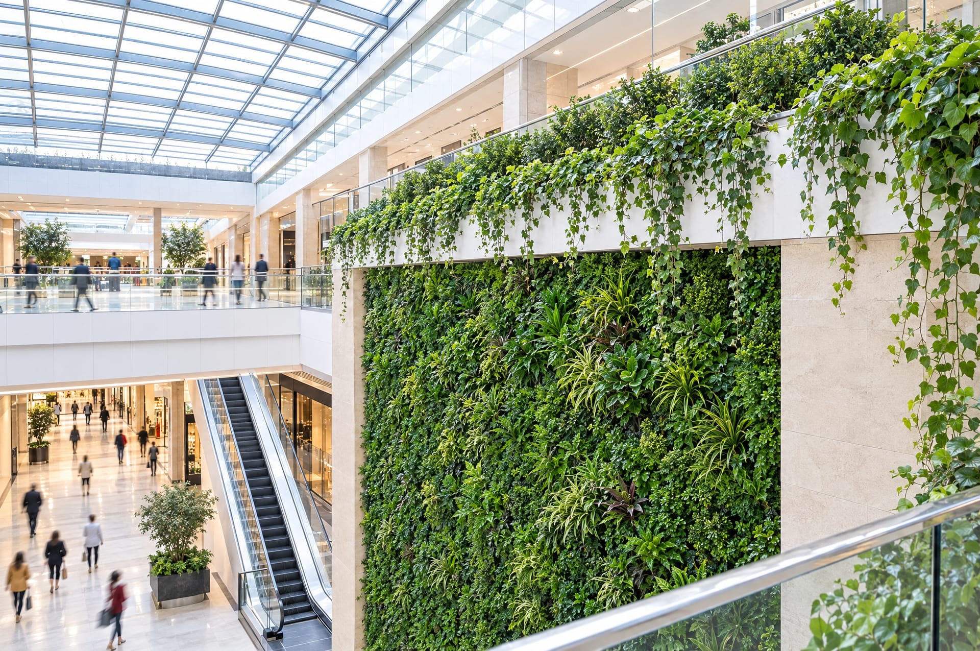 The top of the atrium green wall seen from the mezzanine, with trailing stems over the balustrade