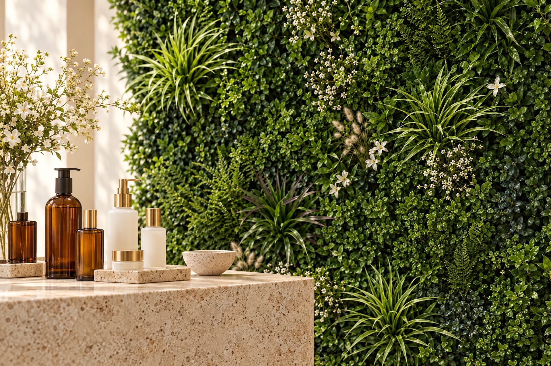 Travertine counter with amber and white skincare bottles in front of the white-flower green wall