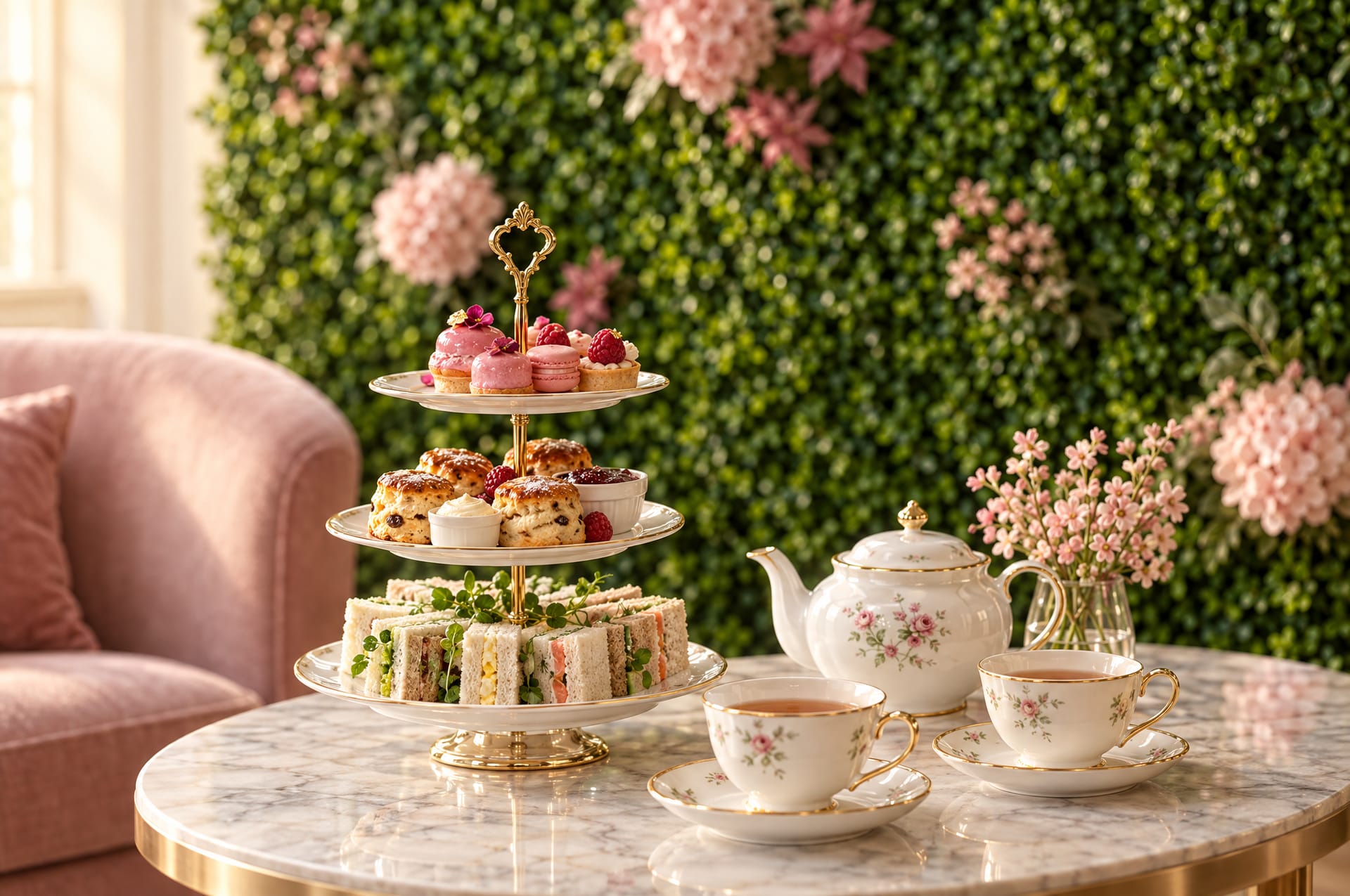 Afternoon tea on a marble table in front of the blossom-accented boxwood wall
